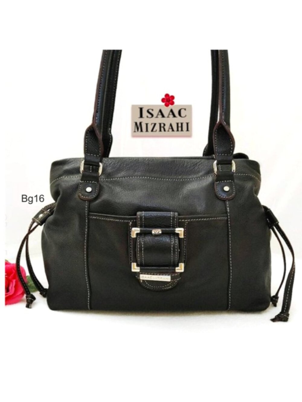 Isaac Mizrahi Black Leather Shoulder Bag Handbag Tote Satchel Magnet Drawstrings